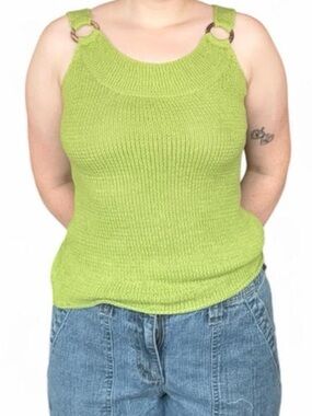 Vintage Y2K Queenspark Knit Tank Top // Lime Green Tortoiseshell Ring Strap S